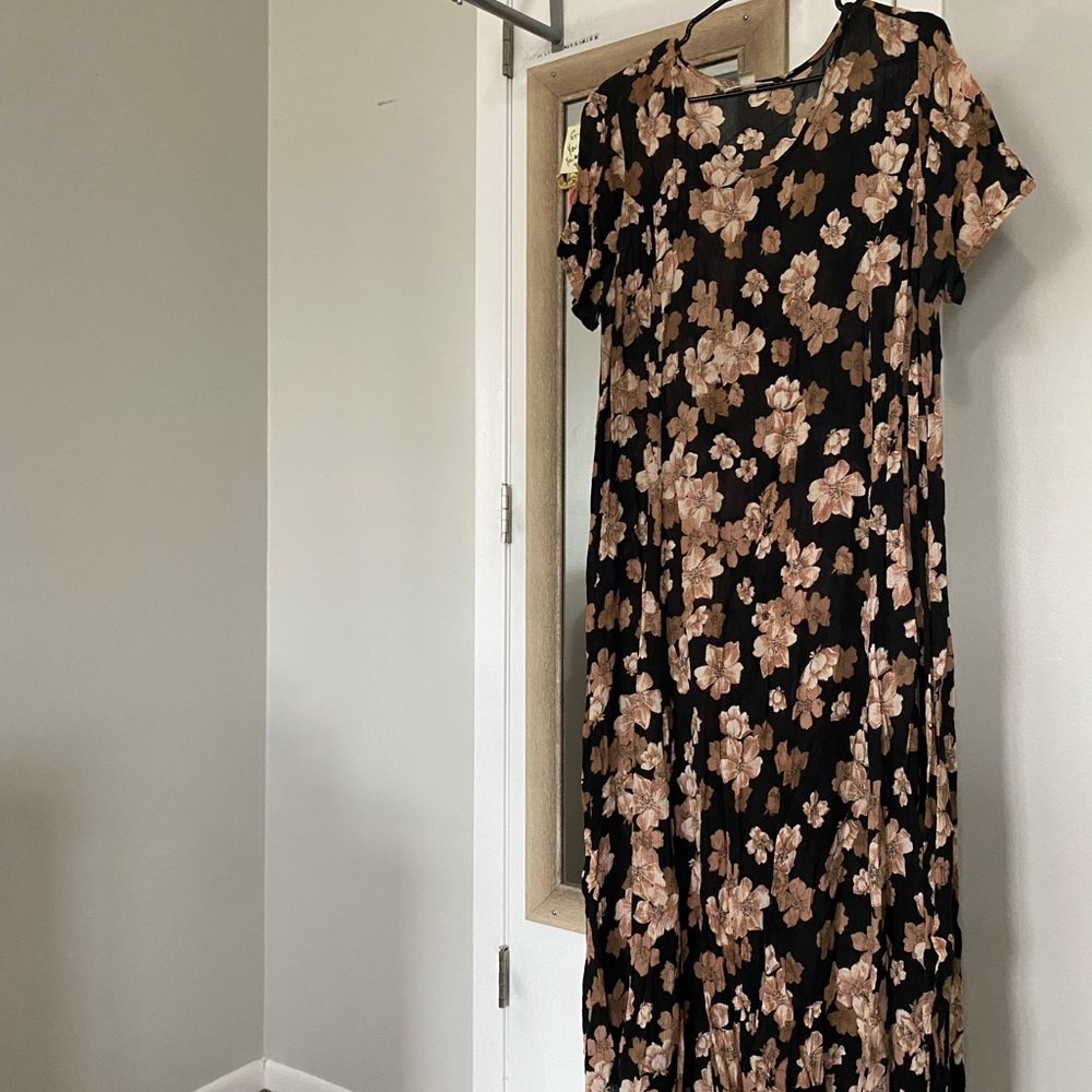 Woman Within Tan and Pink Flutter Sleeve Maxi Dress